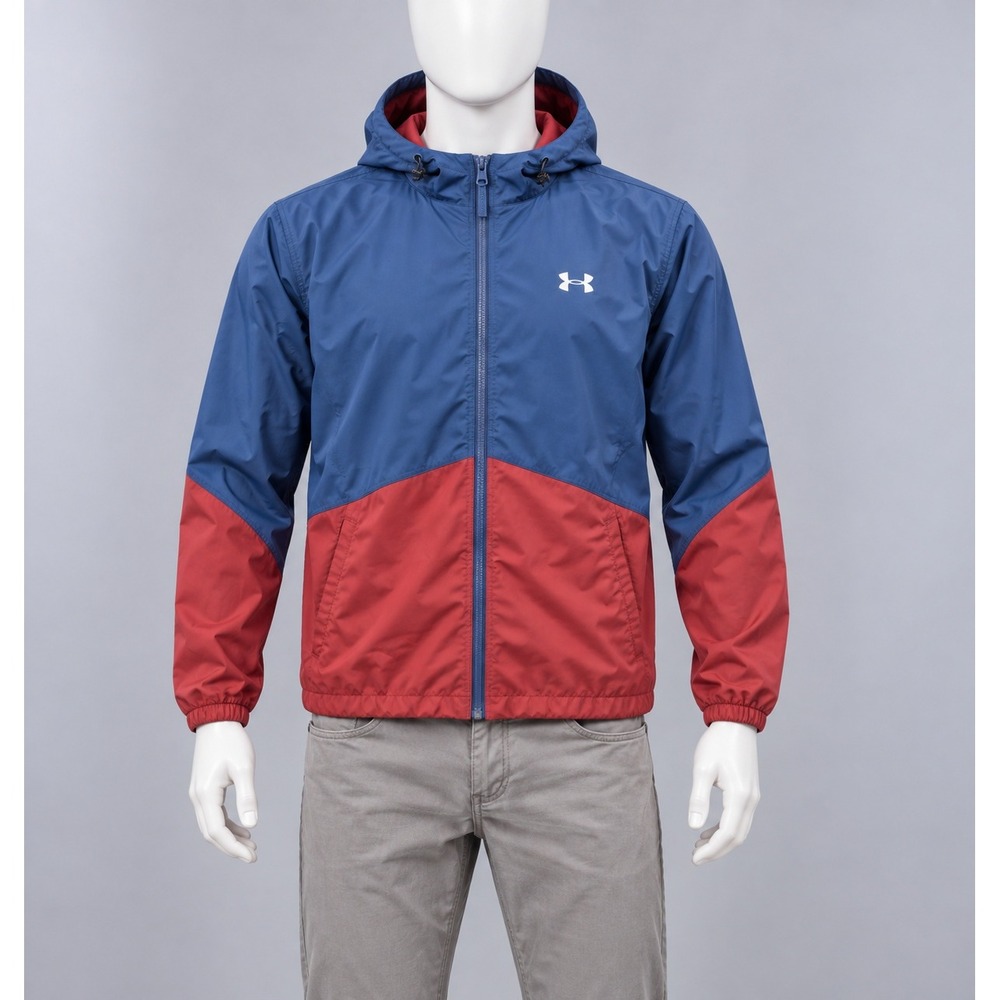 Under Armour Windbreaker Jacket  Large Blue Burgundy HeatGear Full Zip Hooded